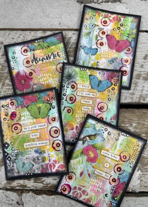 April 7th – Be Happy Today Mixed Media Cards with Leslie (pre-order by 4/4))