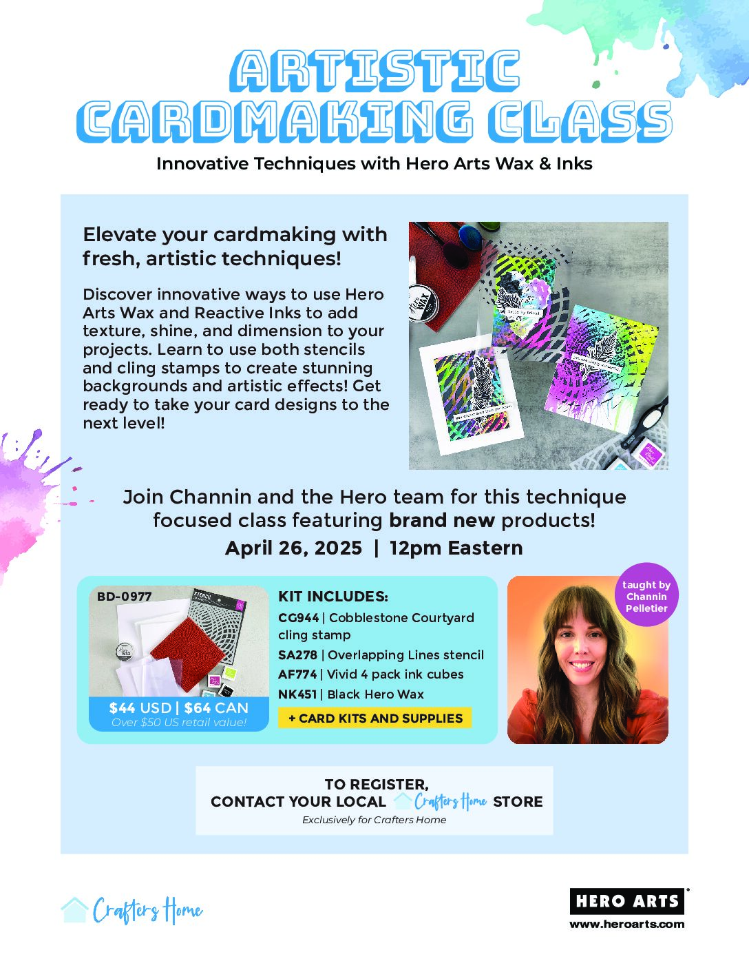 April 26th – Artistic Cardmaking Class – Innovative Techniques with Hero Arts Wax & Inks Virtual (pre-order 03/22)